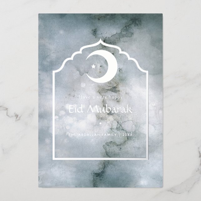 Carte de vacances en marbre Eid Mubarak argenté (Recto)