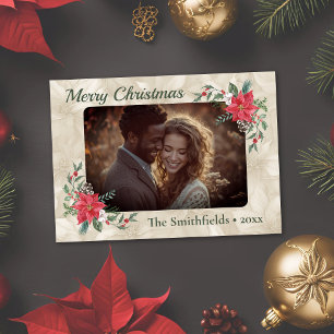 Carte de vacances en or, Poinsettia rouge