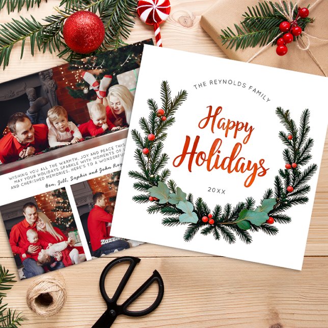 Carte de vacances familiale avec couronne de verdu (3 Photo Holiday Card)