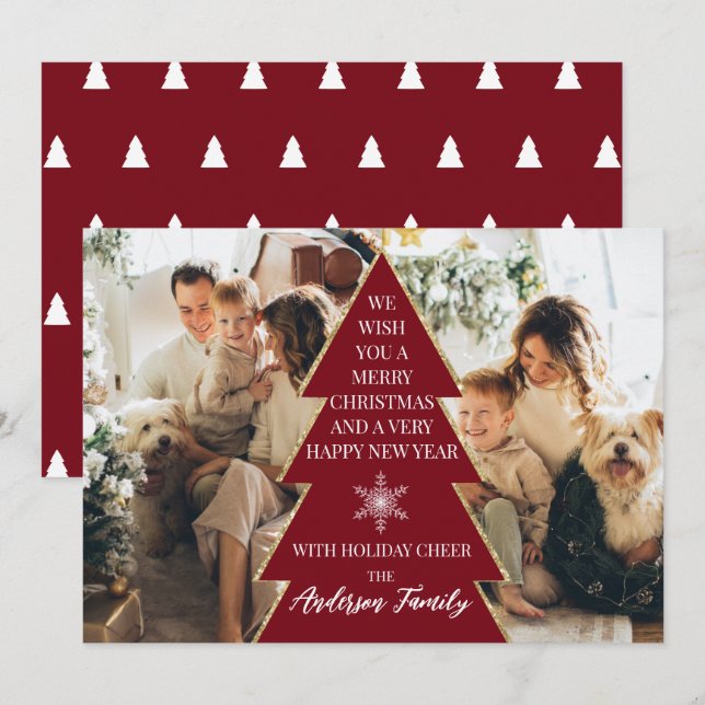 Carte de vacances festive avec arbre de Noël et ph (Devant / Derrière)