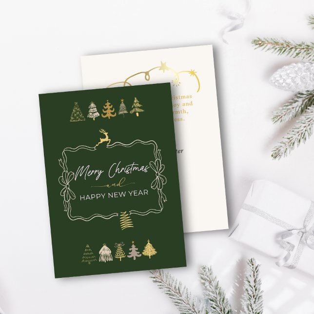 Carte de vacances festive ruban et arbres chic gri (Festive Bow & Chic Trees Doodle Green Holiday Card)