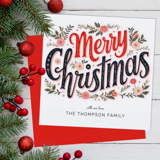 Carte de vacances Floral Joyeux Noël Typographie (Floral Merry Christmas)