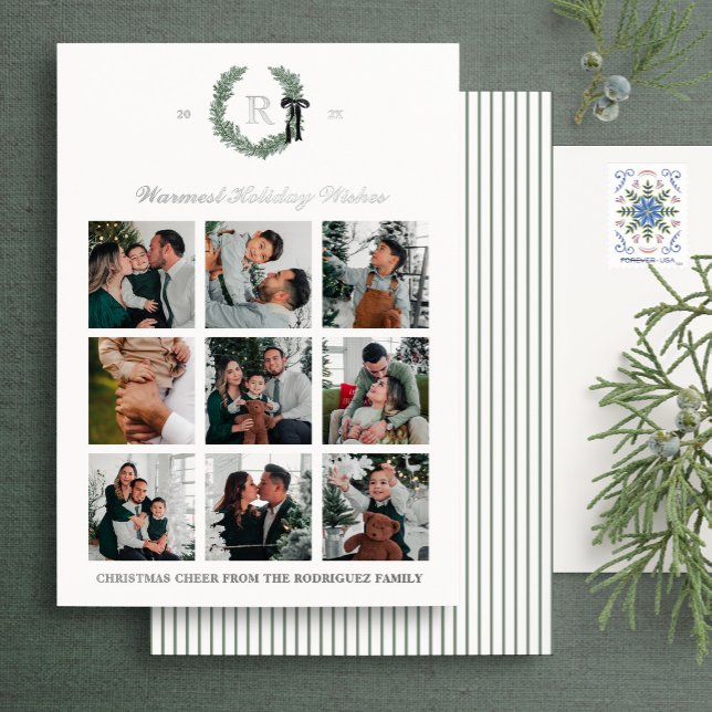 Carte de vacances Foil Classic Monogram Wreath Cre (Créateur téléchargé)