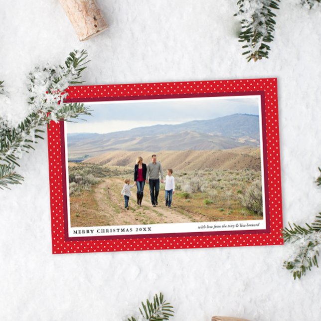 Carte de vacances Gras Red Frame Preppy Flat Photo (Bold red and white polka dot framed family photo and caption text Christmas holiday cards)