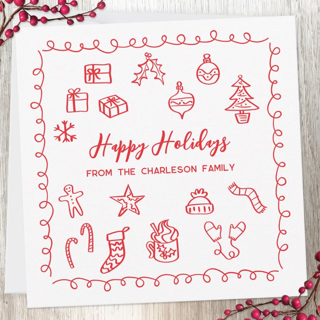 Carte de vacances gribouillée rouge et blanche (Fun scribble doodle personalized Christmas holiday card)
