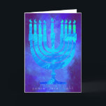 Carte de vacances Hanoukka Blue Light avec Menorah<br><div class="desc">De beaux bleus semblent briller sur cette carte de vacances Happy Hanoukka. En dessous de la Menorah sont les mots : paix amour lumière. Le salut intérieur dit : Avec les voeux les plus chaleureux à Hanoukka pour la paix dans votre maison, dans votre coeur, et à travers le monde....</div>