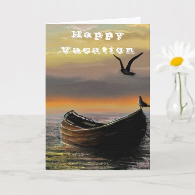 Carte de vacances heureuses en bateau au coucher d (Petite plante)
