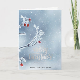 Carte de vacances hivernale neige paysage bleu