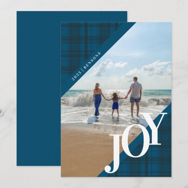 Carte de vacances JOY à plaid bleu en diagonale (Devant / Derrière)