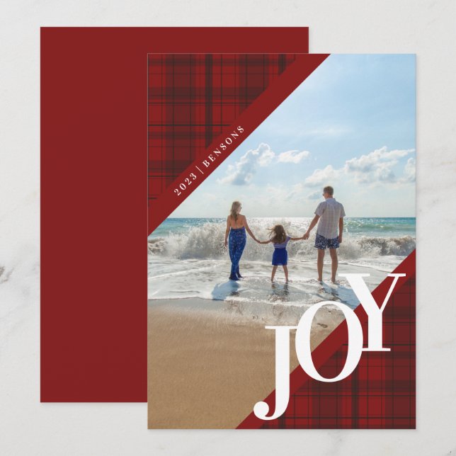 Carte de vacances JOY à plaid rouge diagonale (Devant / Derrière)