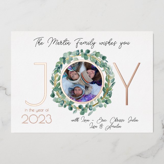 Carte de vacances JOY en feuille avec photo et cou (Recto)