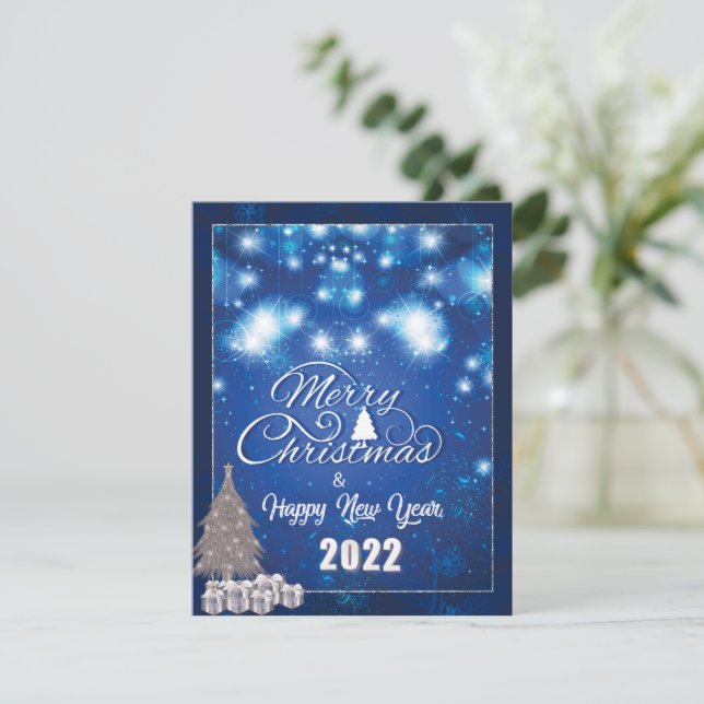 Carte de vacances Joyeux Noël bleu moderne Snowfla (Debout devant)
