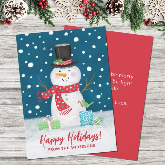 Carte de vacances joyeux Noël Snowman hiver (A cute festive holiday snowman decorates this Christmas card. Personalize it with your name.)