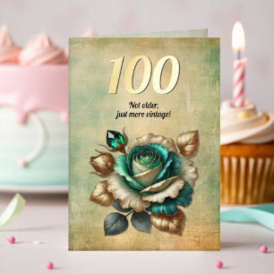 Carte De Vacances Métallisée 100e Anniversaire Vintage Rose Fleur Vert Émeraude