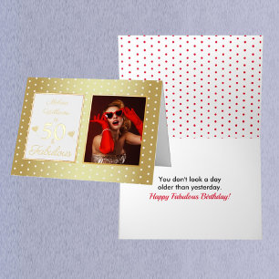 Carte De Vacances Métallisée 50 et nom fabuleux Photo Gold White Anniversaire