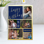 Carte De Vacances Métallisée 50e anniversaire ou n'importe quel âge 5 photo ble<br><div class="desc">Carte d'anniversaire en feuille d'or de luxe que vous pouvez personnaliser avec un nom, n'importe quel âge et 5 photos sur le devant ainsi qu'un accueil d'anniversaire personnalisé à l'intérieur. Le modèle photo est configuré pour créer automatiquement un collage photo de portraits verticaux, de paysages horizontaux et d'images au format...</div>