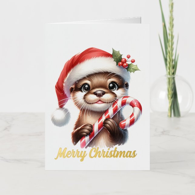 Carte De Vacances Métallisée Adorable Otter de Noël à Santa Hat avec bonbon (Recto)