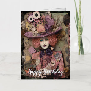 Carte De Vacances Métallisée Alice avec un chapeau chic Anniversaire