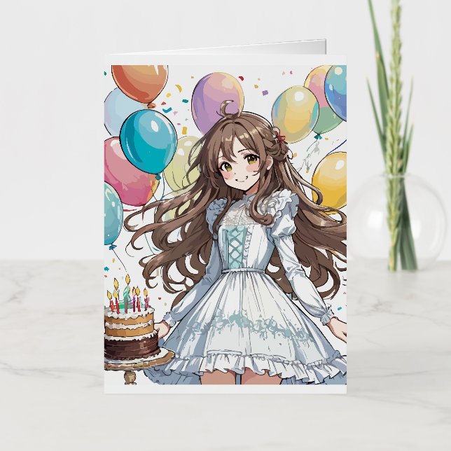 Carte De Vacances Métallisée Anniversaire de fille d'anime (Recto)