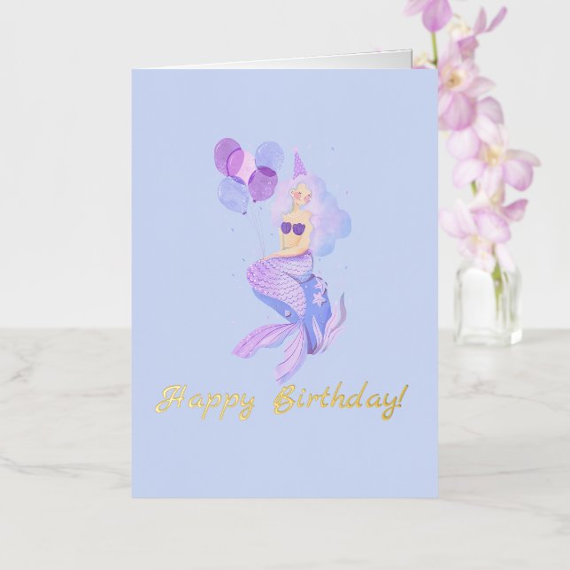 Carte De Vacances Métallisée Anniversaire de Sirène Bleu (Orchidée)