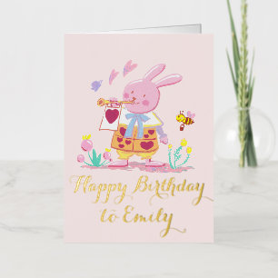 Carte De Vacances Métallisée aquarelle Symphonie d'anniversaire du lapin rose