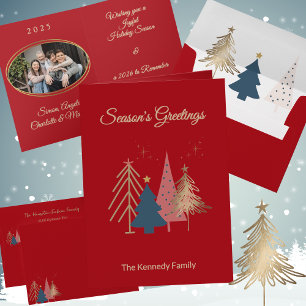 Carte De Vacances Métallisée Arbres de Noël graphiques rouges Feuille d'or de N
