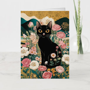 Carte De Vacances Métallisée Art décoratif de chat noir dans le style Gustav Kl