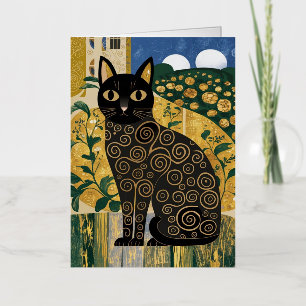 Carte De Vacances Métallisée Art décoratif de chat noir de style Gustav Klimt d