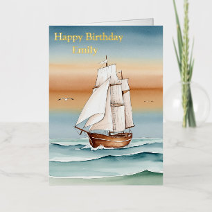 Carte De Vacances Métallisée Bateau à voile à Dawn Joyeux anniversaire