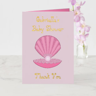 Carte De Vacances Métallisée Bébé fille rose Coquille d'huître et Perle Baby Sh