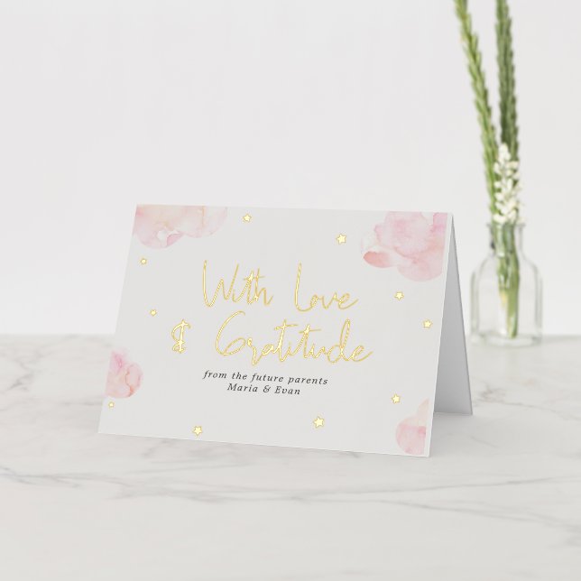 Carte De Vacances Métallisée Bébé nuages rose Fille étoiles Merci (Fleur)