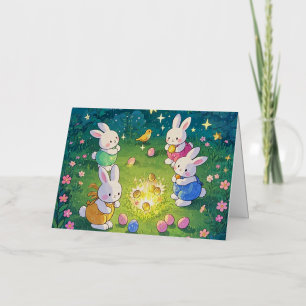 Carte De Vacances Métallisée Bébés de Pâques cachant des oeufs dans un jardin
