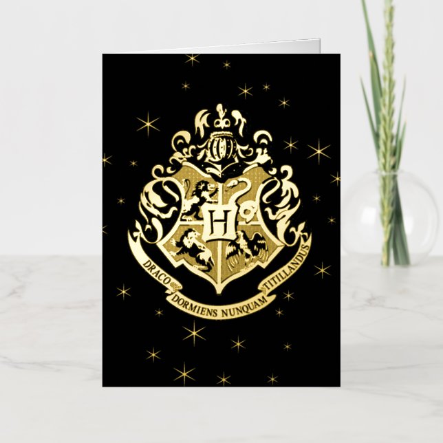 Carte De Vacances Métallisée Blason doré scintillant HOGWARTS™ (Recto)