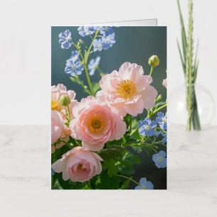Carte De Vacances Métallisée Bleu rose Fleurs délicates