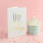 Carte De Vacances Métallisée Bougies colorées Joyeux anniversaire<br><div class="desc">Cette carte d'anniversaire pliée à la fantaisie comporte des bougies colorées,  des lettrages originaux et des flammes en papier d'aluminium. Customisez l'intérieur de la carte.</div>