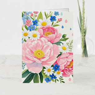 Carte De Vacances Métallisée Bouquet d'aquarelle vibre de pivoines, marguerites