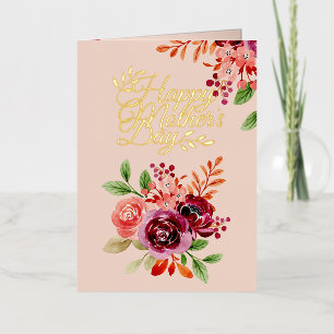 Carte De Vacances Métallisée Bouquet Floral Bourgogne et Pêche pour la Fête des