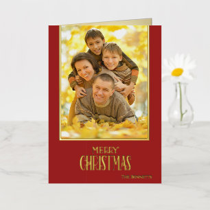 Carte De Vacances Métallisée Bourgogne Intemporelle Photo Joyeux Noël Or