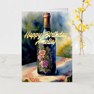 Carte De Vacances Métallisée Bouteille à vin de fleurs Anniversaire
