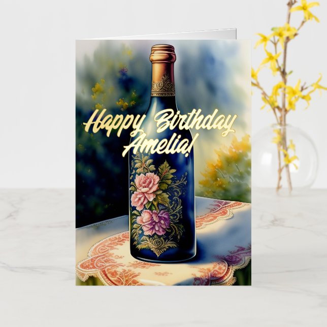 Carte De Vacances Métallisée Bouteille à vin de fleurs Anniversaire (Fleur jaune)