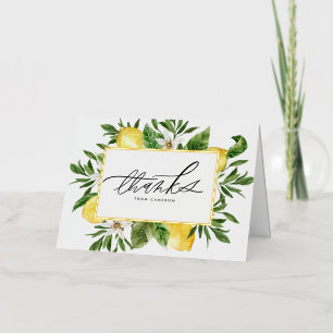Carte De Vacances Métallisée Cadre de fleurs de citron à l'aquarelle Merci
