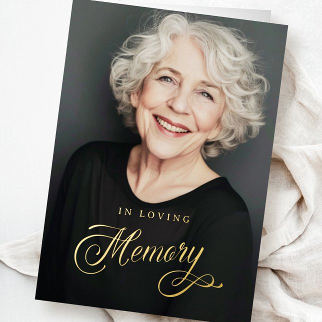 Carte De Vacances Métallisée Calligraphie dans la mémoire amoureuse photo funér (Calligraphy in loving memory funeral photo foil greeting card)