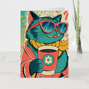 Carte De Vacances Métallisée Chat de dessin animé de style rétro portant des lu