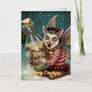 Carte De Vacances Métallisée Chat vampire de Noël avec bouteille de lait