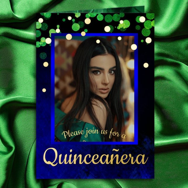 Carte De Vacances Métallisée Chimmery Green & Blue Quinceanera avec Gold Foil (Sapphire blue, emerald green, gold foil quinceanera invitations, royal blue and green mis quince 15)
