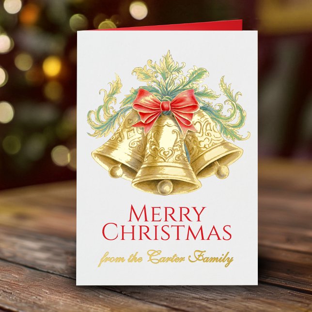 Carte De Vacances Métallisée Cloches d'or et arc rouge aquarelle Noël (Créateur téléchargé)