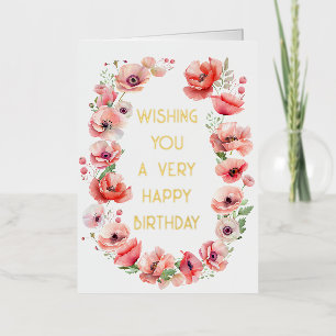 Carte De Vacances Métallisée Coquelicot aquarelle vibrant Joyeux Anniversaire