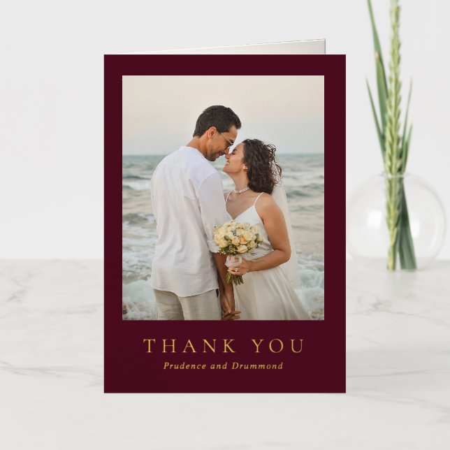 Carte De Vacances Métallisée Deep Burgundy Classic Wedding Foil Thank You Card (Recto)