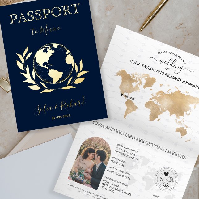 Carte De Vacances Métallisée Destination Mariage World Globe Passport Modern Fo (Créateur téléchargé)