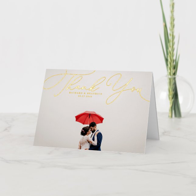 Carte De Vacances Métallisée Elegant Beatrice Script Photo Mariage Merci (Recto)